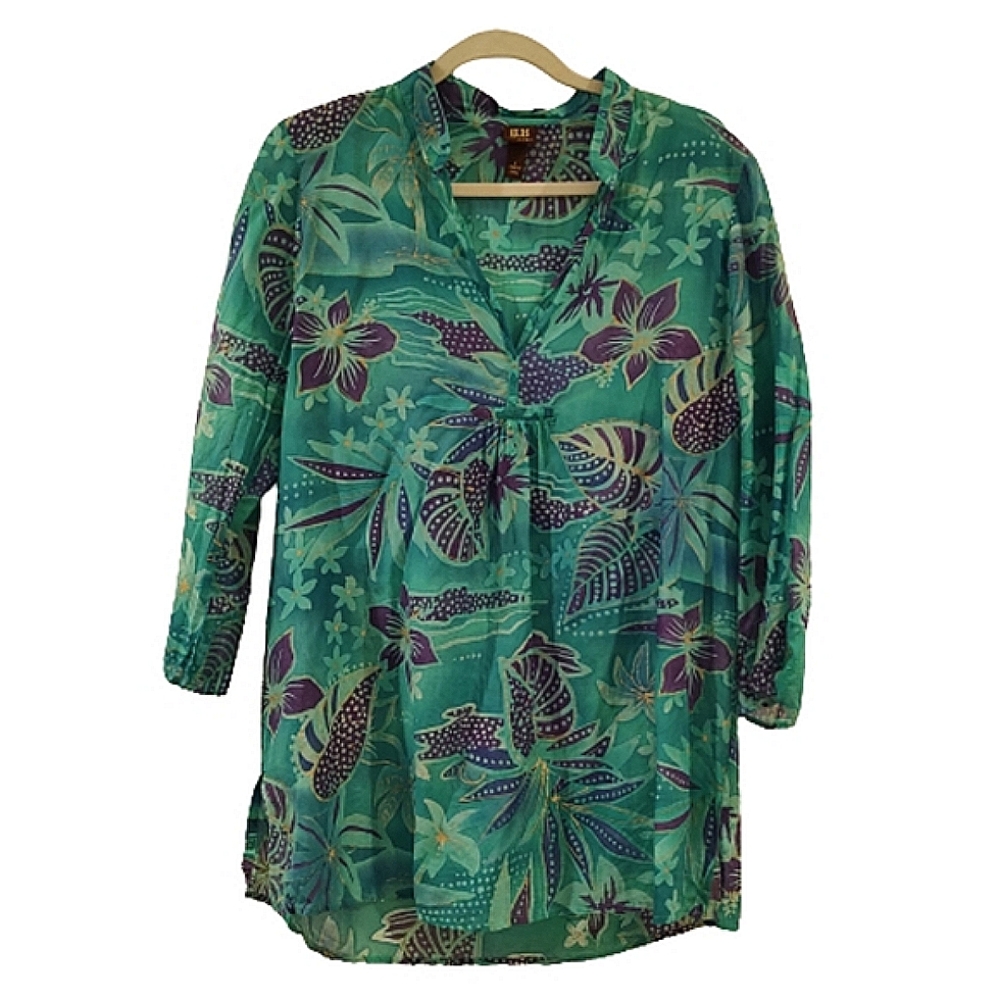 Boo Gems Tunic Top Green Purple Gold Floral Cotton Silk V-Neck Size L - Picture 8 of 12